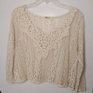 Hollister Cream Sheer Lace Crop Top with 3/4 Sleeves